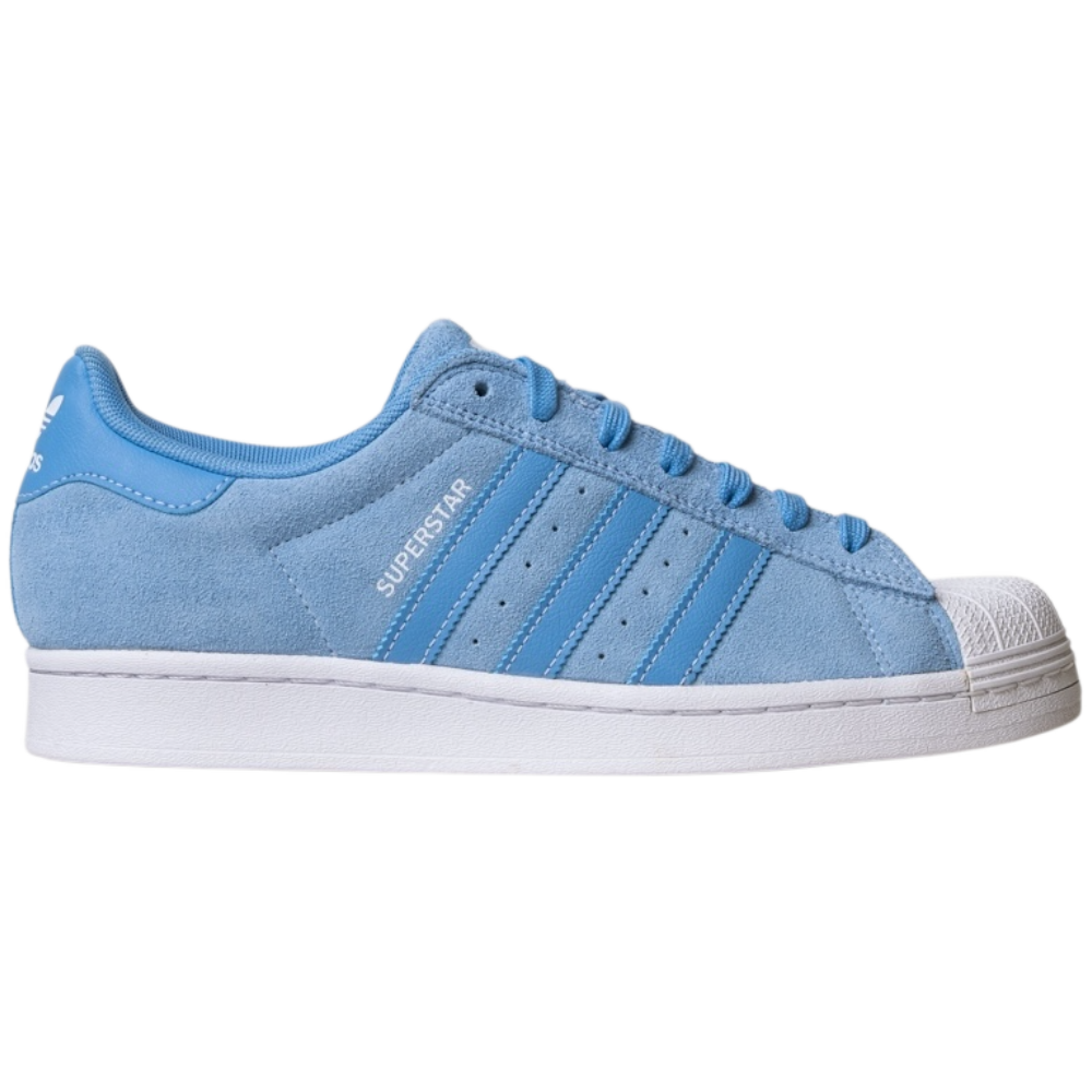 The JQ1102 Light Blue White Superstar ADV Adidas Skateboarding Suede Shoes feature three blue stripes, a white shell toe, and "SUPERSTAR" in white by the stripes—classic skate shoes with a light blue suede upper and white sole.