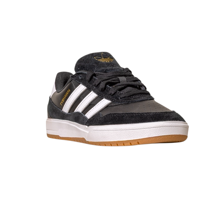 The JI 0846 Black White Gum Tyshawn 2 II Adidas Skateboarding Shoes feature a black and grey leather-suede upper, white stripes, gold branding, a gum sole, and a white midsole, inspired by classic Adidas skate shoes. Shown on a plain white background.