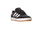 The JI 0846 Black White Gum Tyshawn 2 II Adidas Skateboarding Shoes feature a black and grey leather-suede upper, white stripes, gold branding, a gum sole, and a white midsole, inspired by classic Adidas skate shoes. Shown on a plain white background.