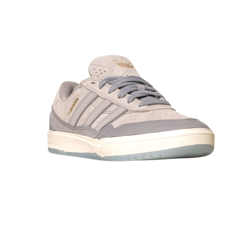 The JI0848 Granite White Tyshawn 2 II Adidas Skateboarding Shoes feature gray suede and leather, three signature stripes, gold HANDBALL text, and a white sole, inspired by Adidas skate shoes, photographed against a white background.