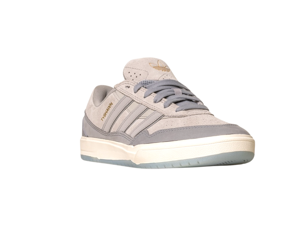 The JI0848 Granite White Tyshawn 2 II Adidas Skateboarding Shoes feature gray suede and leather, three signature stripes, gold HANDBALL text, and a white sole, inspired by Adidas skate shoes, photographed against a white background.