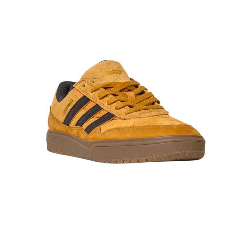 The JI0851 Mesa Black Gum Tyshawn 2 Adidas Skateboarding Shoes feature tan and brown leather and suede uppers, black stripes, and durable cupsole construction, shown on a white background.