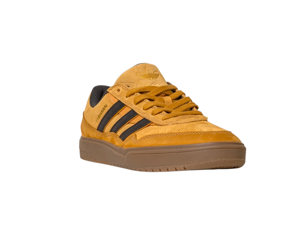 The JI0851 Mesa Black Gum Tyshawn 2 Adidas Skateboarding Shoes feature tan and brown leather and suede uppers, black stripes, and durable cupsole construction, shown on a white background.