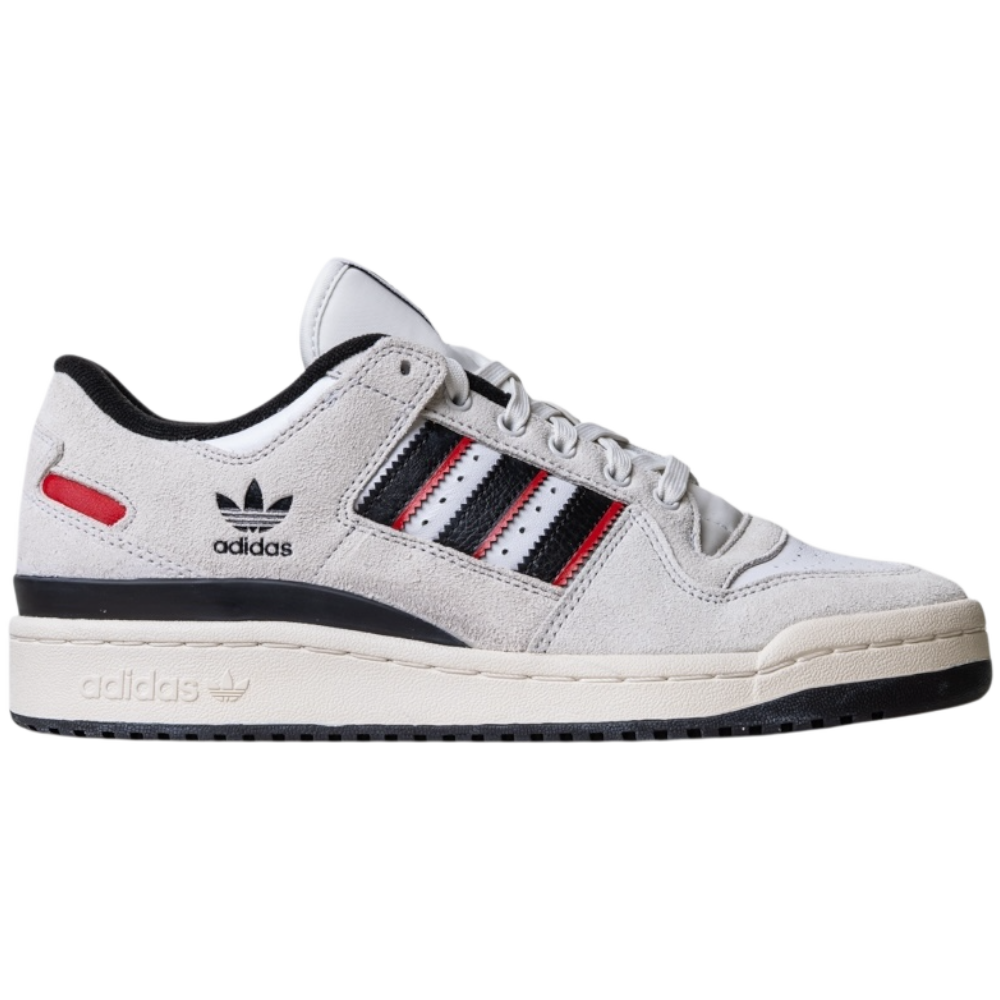 The JP6094 Cry White Core Black Forum 84 Low Adidas Skateboarding Suede Shoes feature white suede, black and red stripes, black accents, and a cream sole, shown from the side against a plain background.