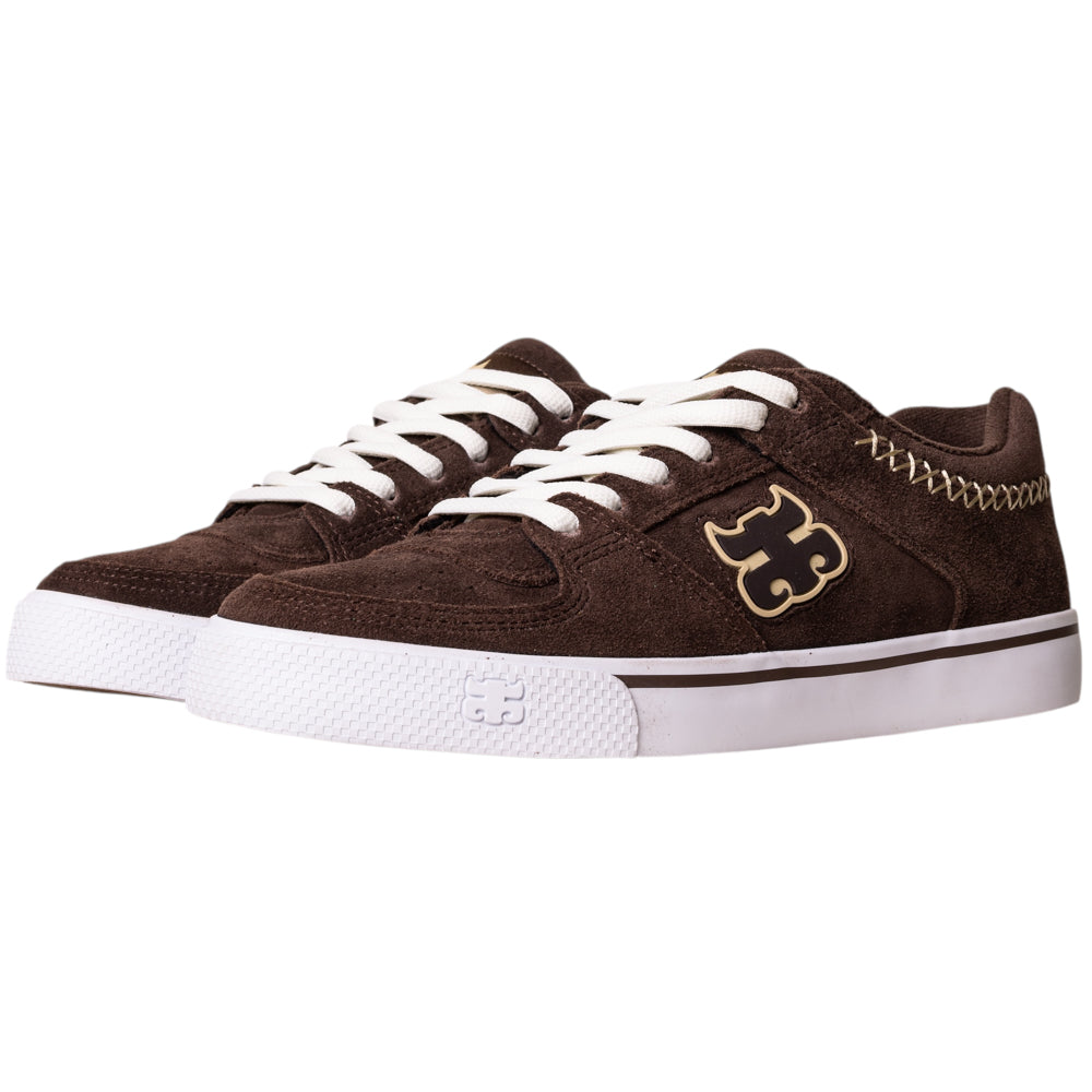 A pair of Kenny Reed Low Vulc Brown Suede I Path Skateboarding Shoes with white laces, white soles, and a stitched side logo are positioned side by side, facing left.