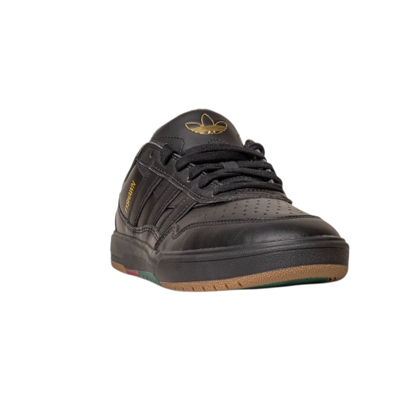 The Tyshawn 2 II Adidas Skateboarding Leather Shoes in Core Black with Core Green accents feature gold logos, a perforated toe, black stripes, and a gum sole—expertly crafted for both style and skateboard performance.