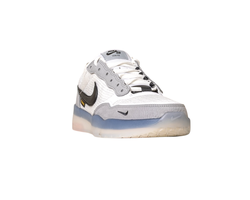 The FV8493-004 Grey White PS8 Nike SB Leather Knit Shoes feature a black Swoosh, translucent sole, and Air Zoom cushioning, shown from the front on a plain white background.