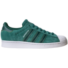 The JQ1103 Core Green White Superstar ADV Adidas Skateboarding Suede Shoes feature a green suede upper, white shell toe and sole, dark green signature three stripes, and “SUPERSTAR” printed in white on the side.