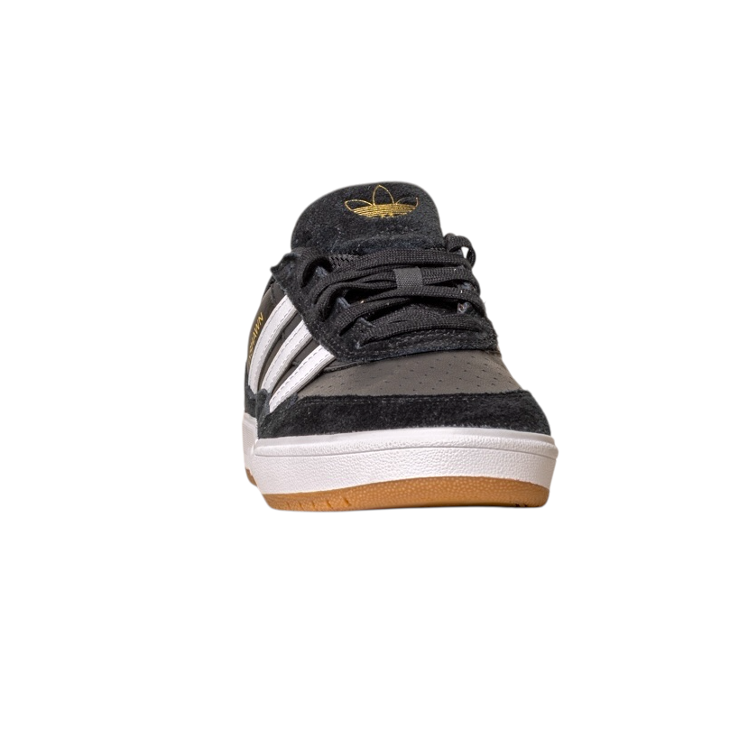 The JI 0846 Black White Gum Tyshawn 2 II Adidas Skateboarding shoes feature black and gray leather suede, white stripes, a tan sole, and are shown from the front on a white background.