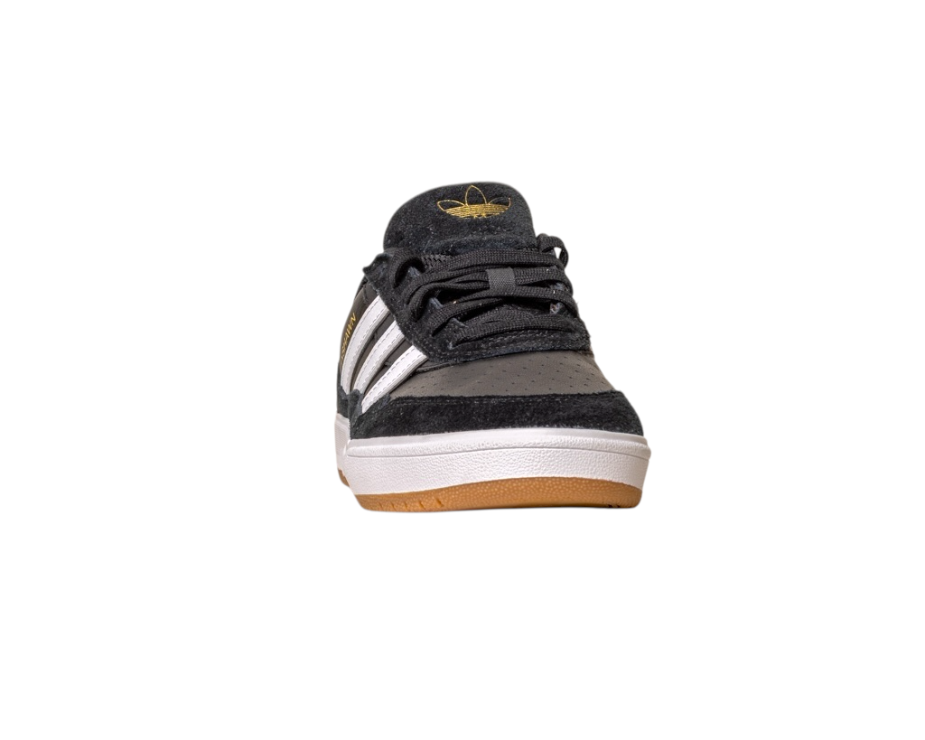 The JI 0846 Black White Gum Tyshawn 2 II Adidas Skateboarding shoes feature black and gray leather suede, white stripes, a tan sole, and are shown from the front on a white background.