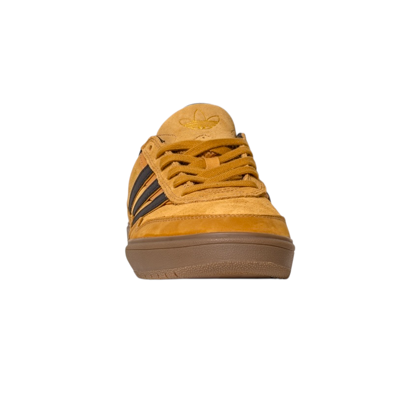 Front view of the JI0851 Mesa Black Gum Tyshawn 2 Adidas leather suede skateboarding shoe with black stripes and gum cupsole, isolated on a white background.
