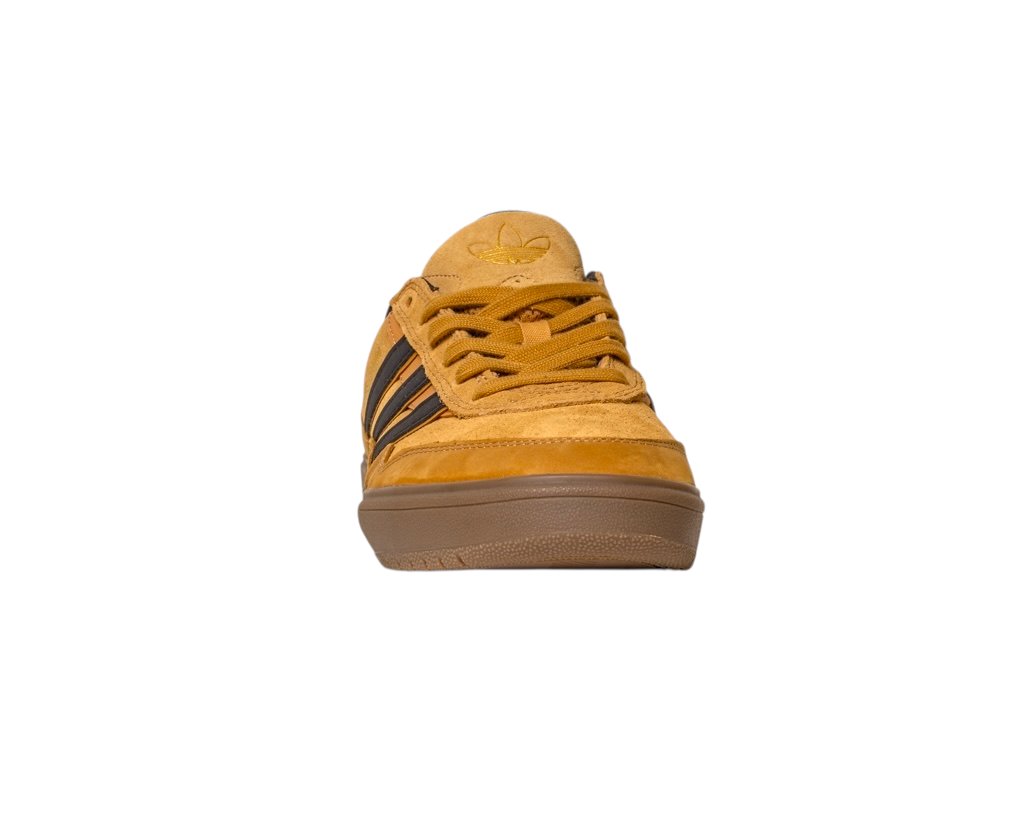 Front view of the JI0851 Mesa Black Gum Tyshawn 2 Adidas leather suede skateboarding shoe with black stripes and gum cupsole, isolated on a white background.