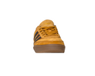 Front view of the JI0851 Mesa Black Gum Tyshawn 2 Adidas leather suede skateboarding shoe with black stripes and gum cupsole, isolated on a white background.