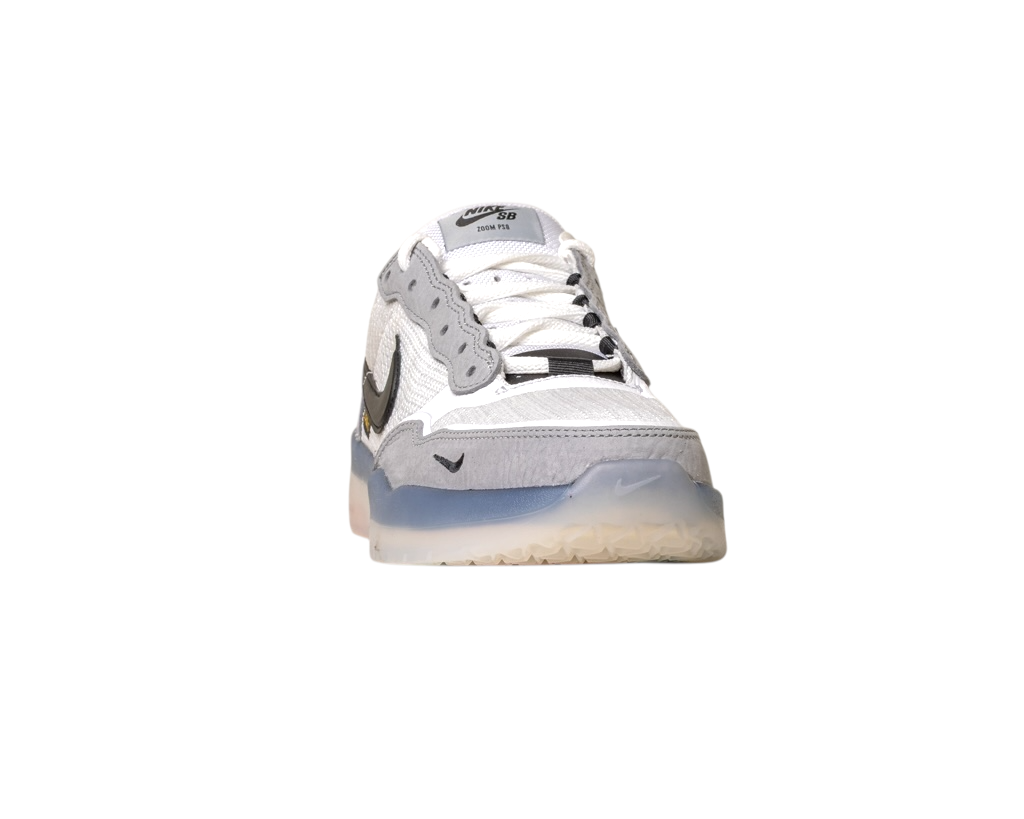The FV8493004 Grey White PS8 Nike SB Leather Knit Shoes feature white and gray tones with black accents, a semi-translucent blue-tinted sole, and responsive Air Zoom cushioning, shown front-facing on a plain white background.