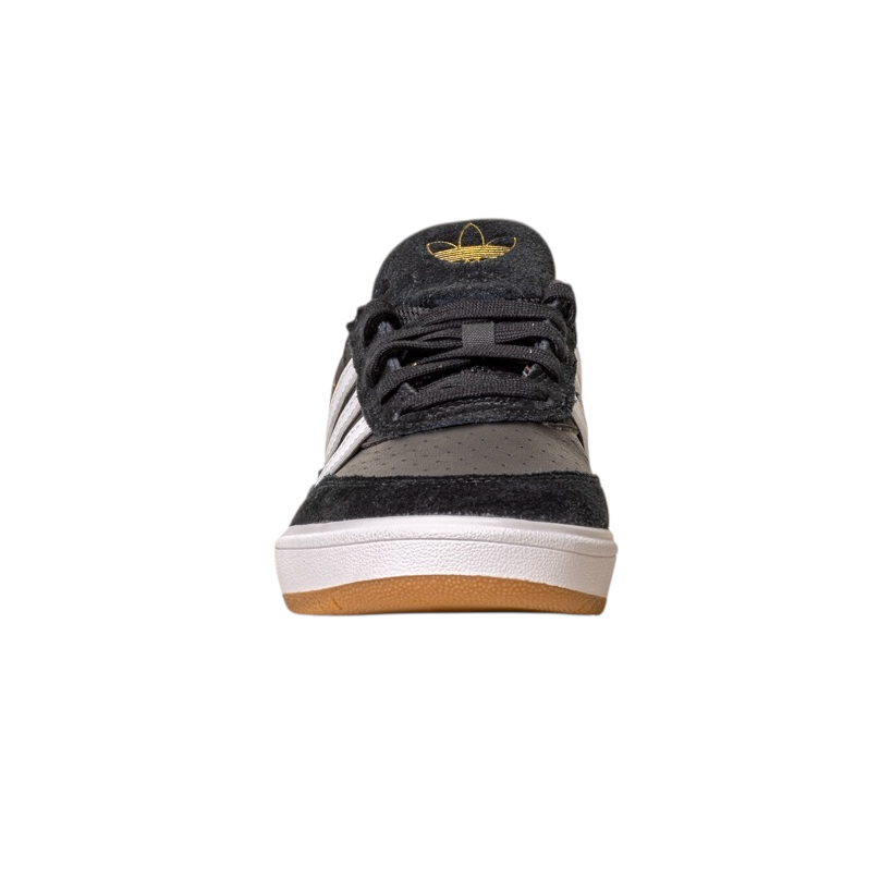 The JI 0846 Black White Gum Tyshawn 2 Adidas Skateboarding Shoes feature leather and suede in black, grey, and white with signature white stripes and a gum sole, shown from the front on a plain white background.