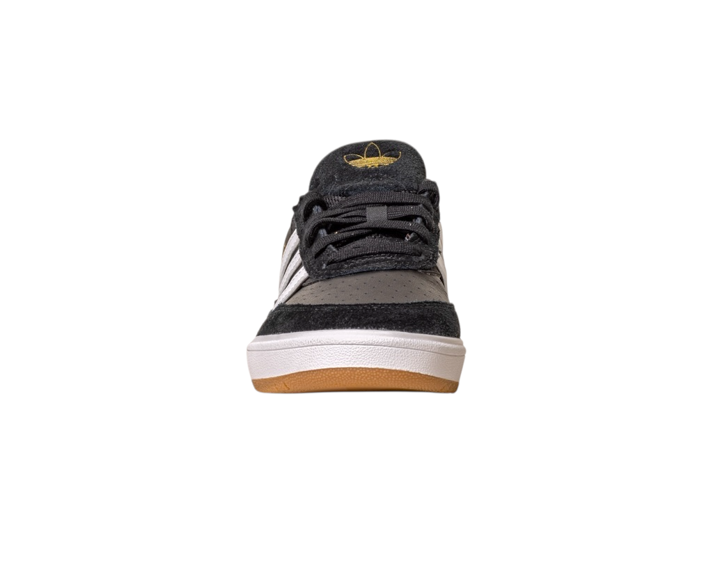 The JI 0846 Black White Gum Tyshawn 2 Adidas Skateboarding Shoes feature leather and suede in black, grey, and white with signature white stripes and a gum sole, shown from the front on a plain white background.