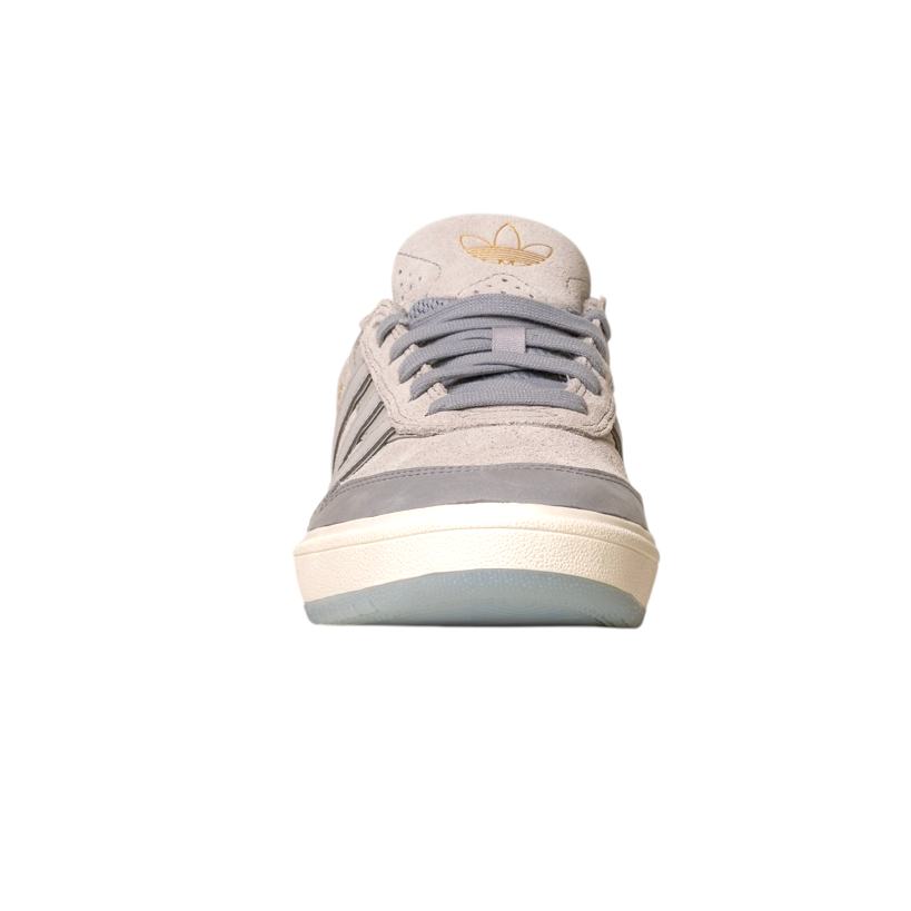 Front view of the JI0848 Granite White Tyshawn 2 II Adidas Skateboarding Shoes in gray and beige suede with gray laces and a gold Adidas logo on the tongue, shown on a white background—part of the Adidas Skateboarding collection.