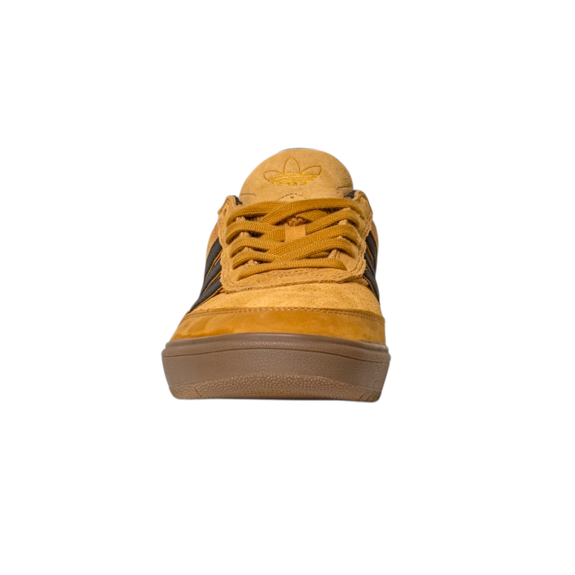 The JI0851 Mesa Black Gum Tyshawn 2 II Adidas skateboarding shoes feature yellow suede, brown laces, black stripes, a gum cupsole, and the adidas logo on the tongue. Shown from the front against a plain white background.