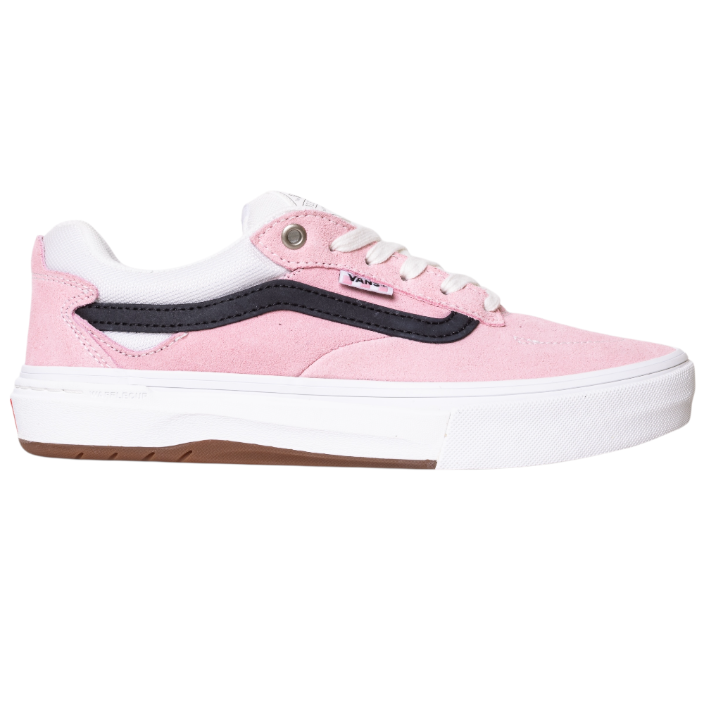 The VN000DA4PNK1 Skate Kyle Walker Wafflecup Pink Vans features pink suede, a white sole, white laces, and a black side stripe—shown in profile against a white background for classic skateboarding style.