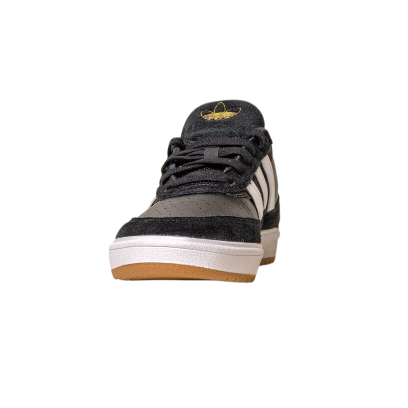 The JI 0846 Black White Gum Tyshawn 2 II Adidas Skateboarding Shoes feature black and gray leather and suede, white stripes, black laces, and a brown sole, shown from the front on a white background.