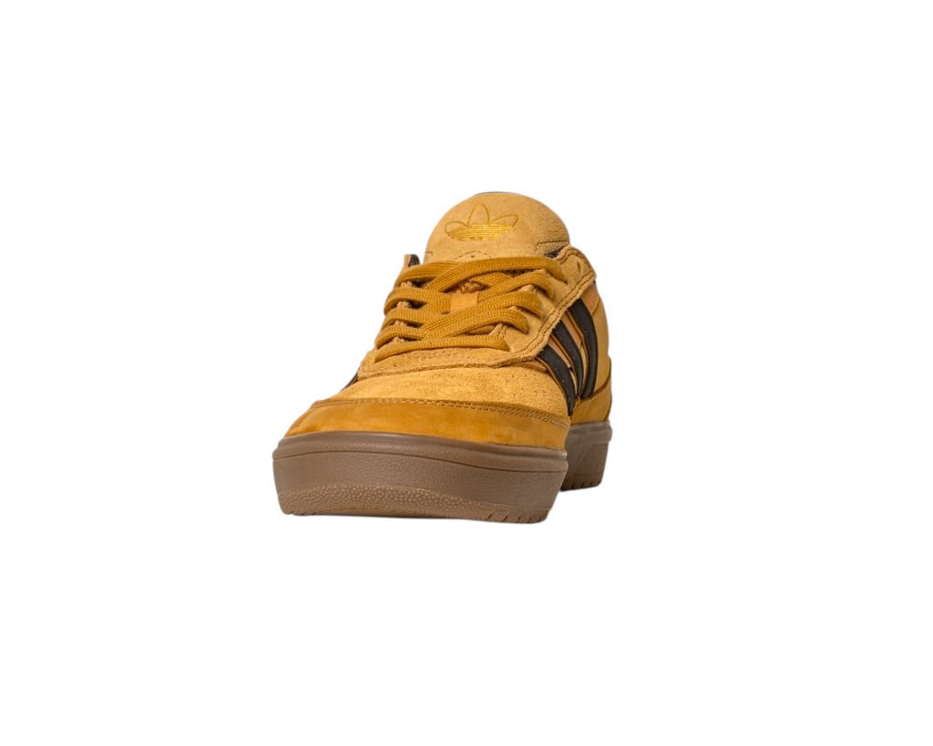 The JI0851 Mesa Black Gum Tyshawn 2 II Adidas Skateboarding Shoe is shown from the front on a white background, featuring tan and brown leather and suede, cupsole construction, laces, and the Adidas logo on the tongue.