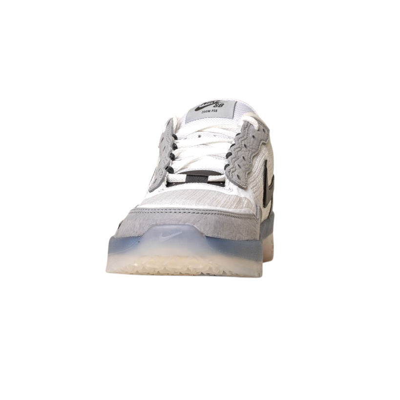 A front view of the FV8493004 Grey White PS8 Nike SB Leather Knit Shoes featuring a translucent sole and black accents, shown against a plain white background.