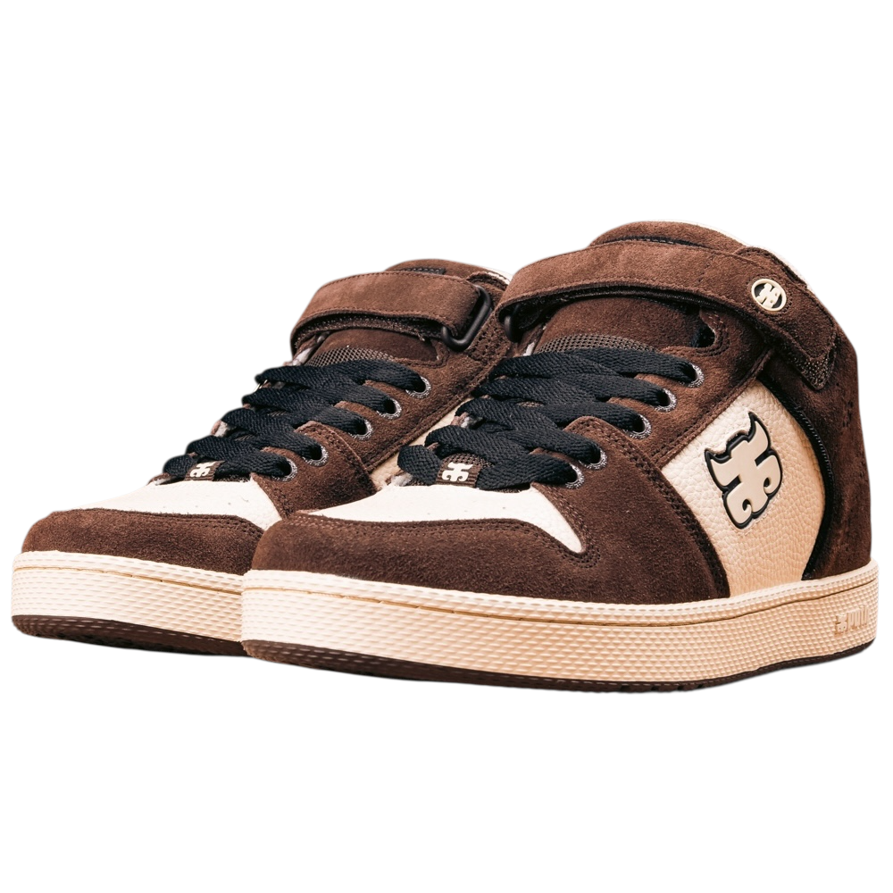 The Grasshopper Brown Suede Leather I Path Shoes for skateboarding feature brown suede and leather with beige accents, black laces, cream soles, a side logo, and a high-top design. Shown side by side, facing left.