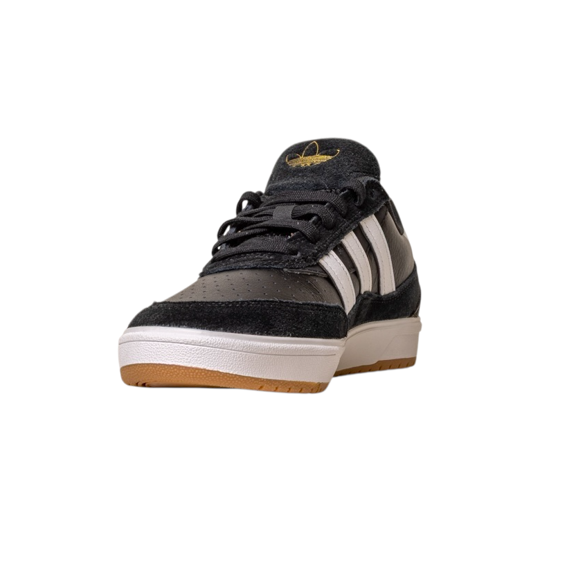 The JI 0846 Black White Gum Tyshawn 2 II Adidas Skateboarding Shoes feature black and white leather and suede with three white stripes, black laces, and a brown rubber sole, shown against a white background.