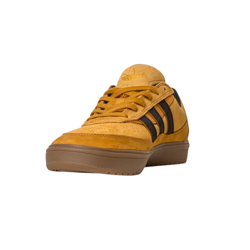 The JI0851 Mesa Black Gum Tyshawn 2 II Adidas Leather Suede Skateboarding Shoes, shown from the front-left against a white background, feature tan suede uppers, black stripes, brown rubber sole, yellow laces, and cupsole construction.