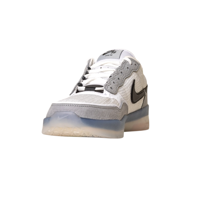 The FV8493-004 Grey White PS8 Nike SB Leather Knit Shoes feature a white and gray colorway, black swoosh, textured details, and a semi-transparent HART outsole, displayed on a white background.