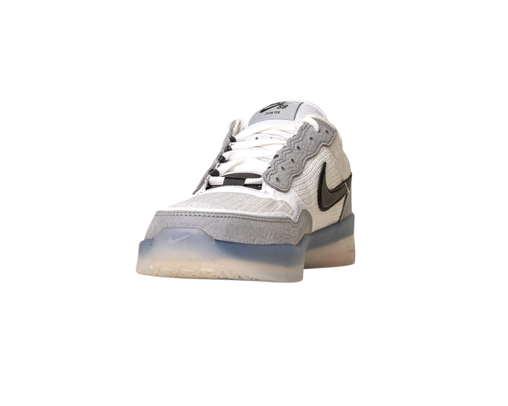 The FV8493-004 Grey White PS8 Nike SB Leather Knit Shoes feature a white and gray colorway, black swoosh, textured details, and a semi-transparent HART outsole, displayed on a white background.