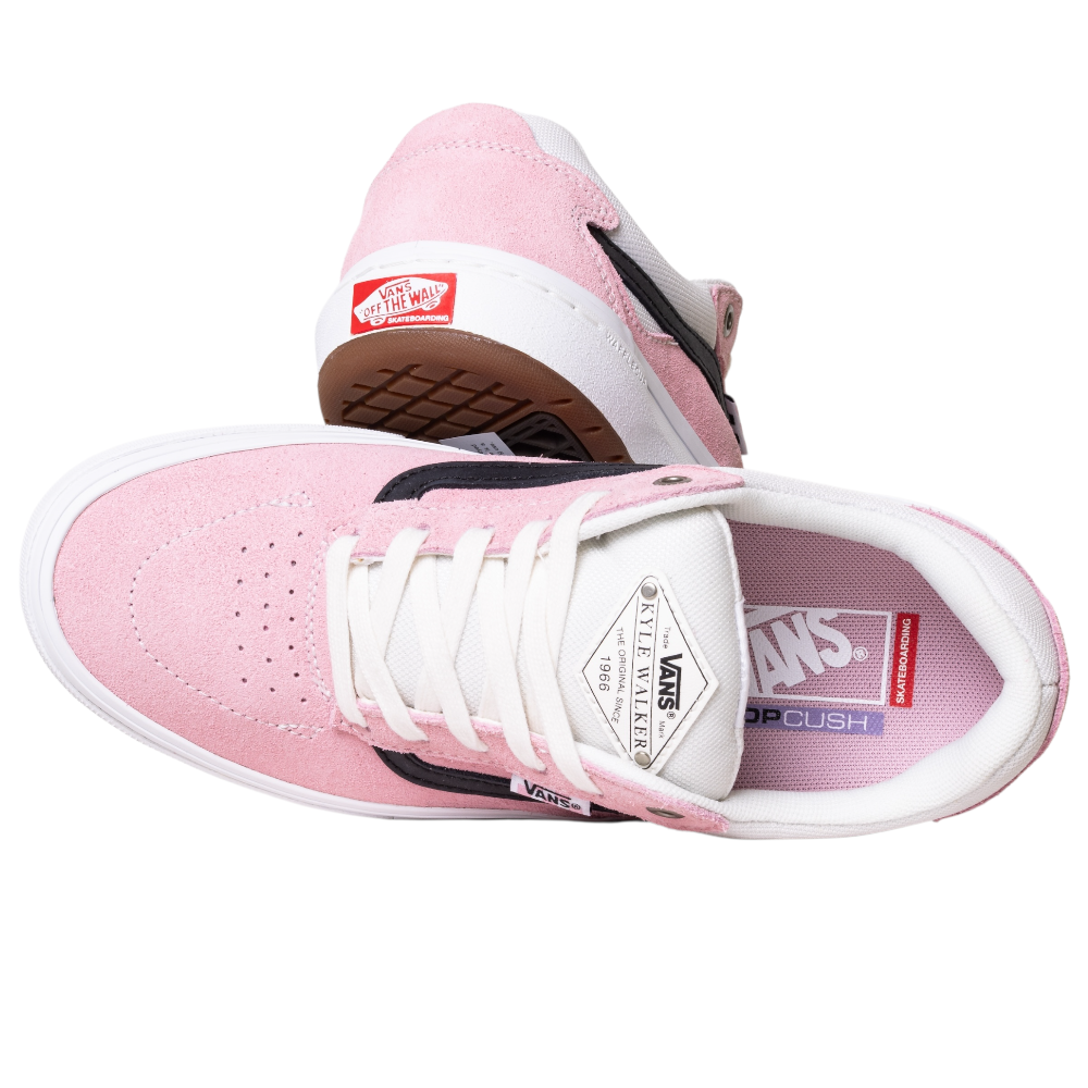 The VN000DA4PNK1 Skate Kyle Walker Wafflecup Pink Vans skate shoes feature pink suede, white midsoles, black accents, and red Vans logos. One shoe is upright, the other displays its sole—ideal for skateboarding style.