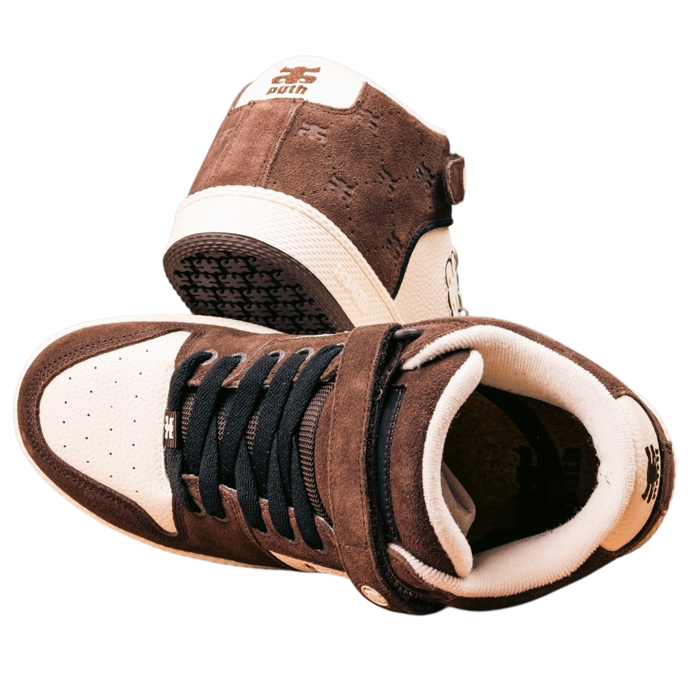 The Grasshopper Brown Suede Leather I Path Shoes Skateboarding are mid-top sneakers in brown suede and white, featuring black laces, suede details, and a textured rubber sole, shown on a white background.