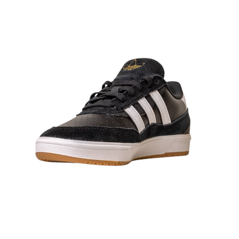 The JI 0846 Black White Gum Tyshawn 2 II Adidas Skateboarding Shoe features black leather, suede details, white stripes, a white midsole, gum outsole, and a gold logo on the tongue. Displayed on a white background.