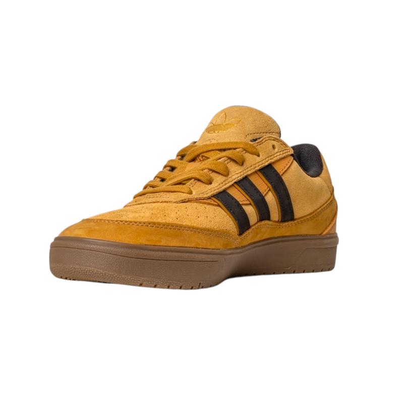 The JI0851 Mesa Black Gum Tyshawn 2 II Adidas Skateboarding Shoes feature mustard yellow leather and suede, black stripes, brown cupsole, and the Adidas Skateboarding logo on the tongue, shown on a white background.