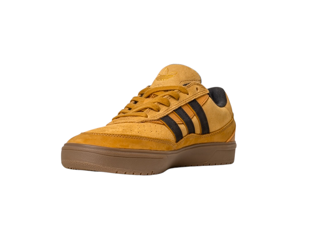The JI0851 Mesa Black Gum Tyshawn 2 II Adidas Skateboarding Shoes feature mustard yellow leather and suede, black stripes, brown cupsole, and the Adidas Skateboarding logo on the tongue, shown on a white background.