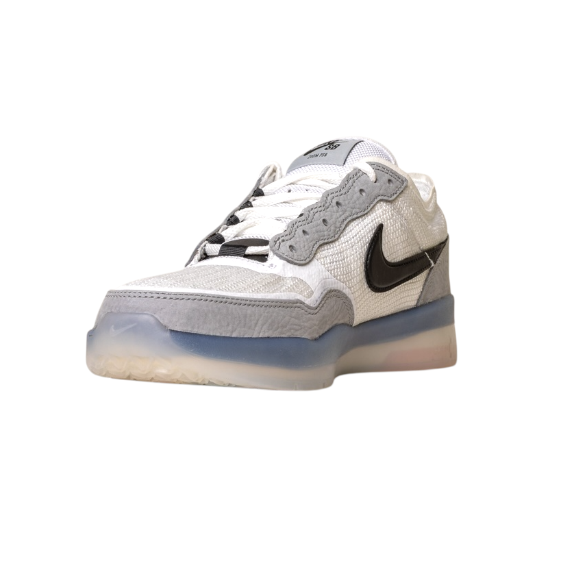 The FV8493-004 Grey White PS8 Nike SB Leather Knit Shoes feature a white and gray low-top design, black swoosh, mesh and leather details, Air Zoom cushioning, and a translucent blue-tinted rubber sole. Shown on a white background.