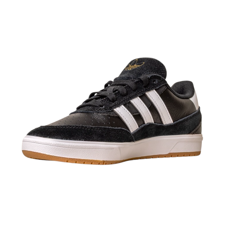The JI 0846 Black White Gum Tyshawn 2 II Adidas Skateboarding Shoe features black leather suede, three white stripes, black laces, a white midsole, and a brown rubber outsole, blending classic style with durability. Displayed on a white background.