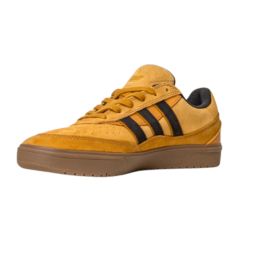 The JI0851 Mesa Black Gum Tyshawn 2 II adidas leather suede skateboarding shoe features mustard yellow uppers, brown stripes, a tan rubber cupsole, and is photographed on a white background.