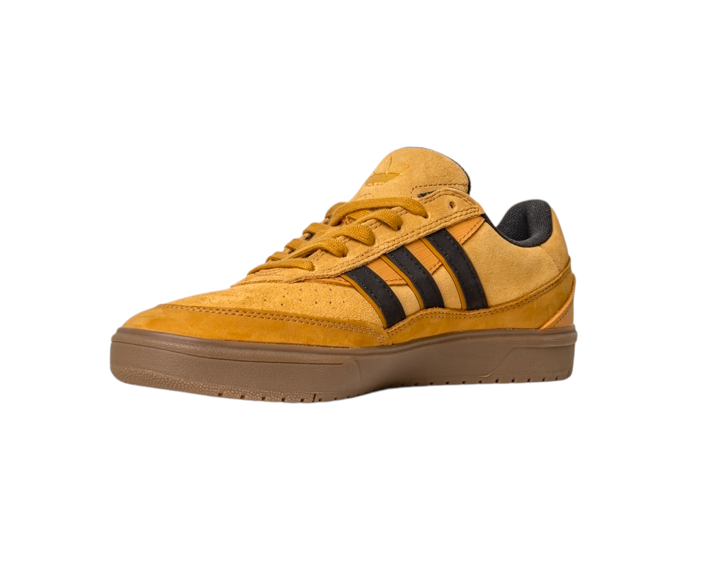The JI0851 Mesa Black Gum Tyshawn 2 II adidas leather suede skateboarding shoe features mustard yellow uppers, brown stripes, a tan rubber cupsole, and is photographed on a white background.