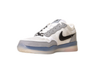 The FV8493004 Grey White PS8 Nike SB Leather Knit Shoes feature a white and gray low-top design, black Nike swoosh, mesh and suede textures, Air Zoom cushioning, and a translucent blue-tinted sole.