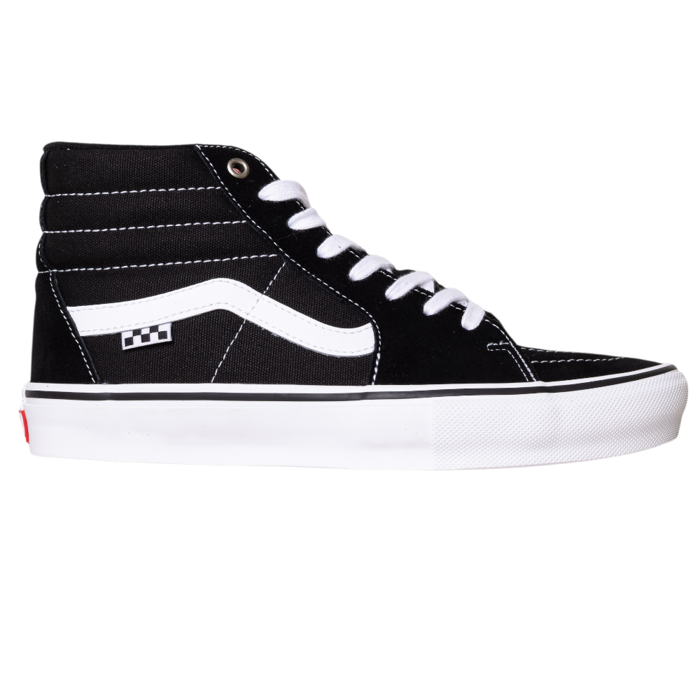 The VN0A5FCCY281 Black White Skate SK8-HI Suede Vans Shoes feature a black suede high-top design with white laces, side stripe, stitching, and a small checkerboard detail near the heel, shown on a white background.