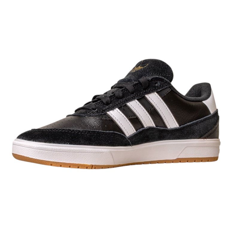 The JI 0846 Black White Gum Tyshawn 2 II Adidas Skateboarding Shoe features black leather suede, three white stripes, black laces, a white midsole, and a light brown gum outsole, displayed against a white background.