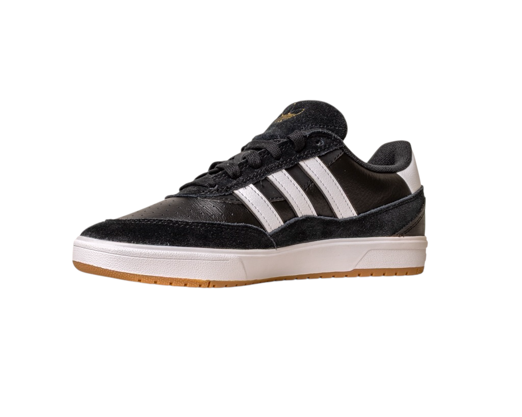 The JI 0846 Black White Gum Tyshawn 2 II Adidas Skateboarding Shoe features black leather suede, three white stripes, black laces, a white midsole, and a light brown gum outsole, displayed against a white background.