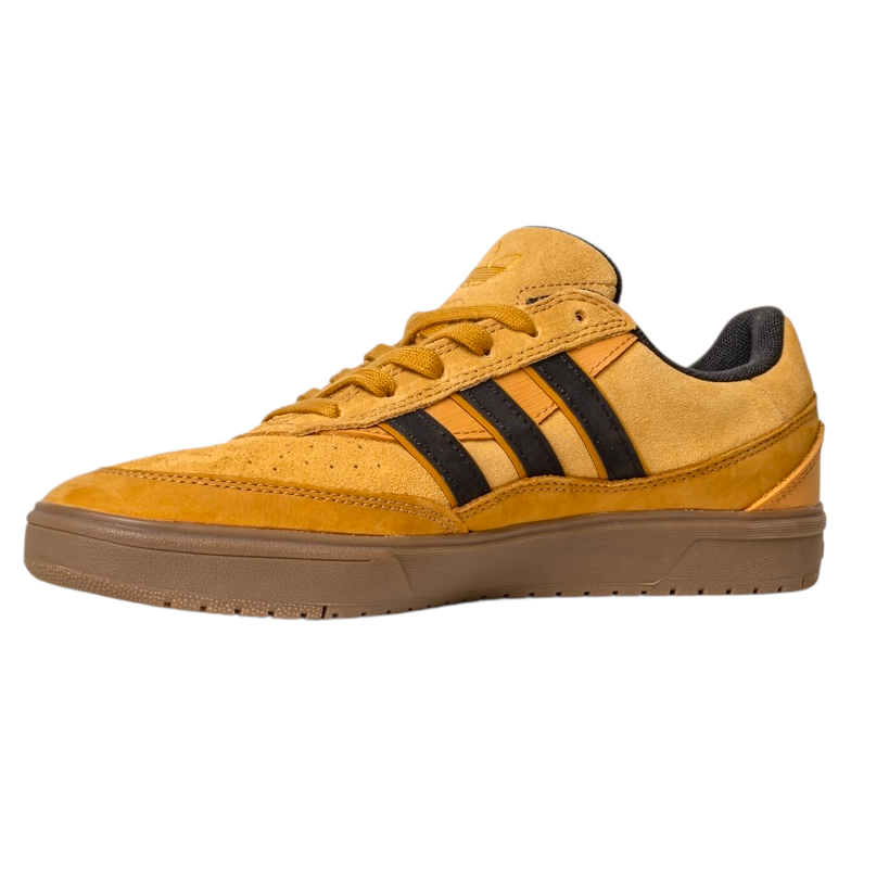 The JI0851 Mesa Black Gum Tyshawn 2 II Adidas skateboarding shoe features yellow suede, a brown rubber sole, black side stripes, black lining, and cupsole construction, shown on a white background.
