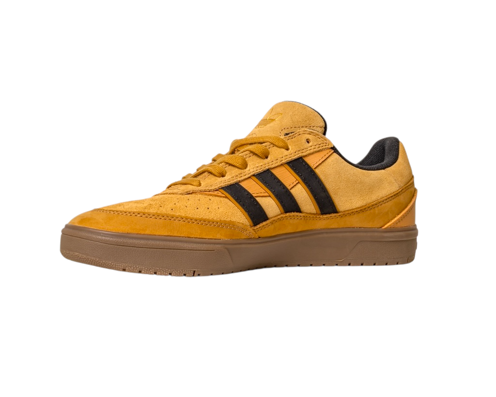 The JI0851 Mesa Black Gum Tyshawn 2 II Adidas skateboarding shoe features yellow suede, a brown rubber sole, black side stripes, black lining, and cupsole construction, shown on a white background.