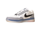 The FV8493-004 Grey White PS8 Nike SB Leather Knit Shoes feature a white and light gray design, black Nike swoosh and lace accents, a translucent blue-tinted sole, and Air Zoom cushioning, shown on a white background.
