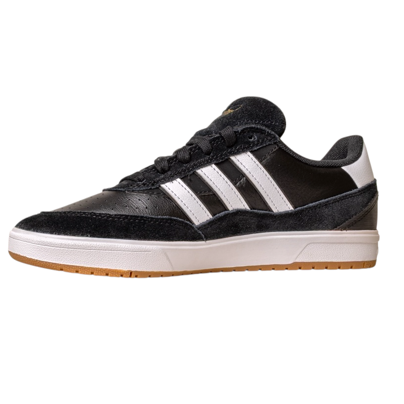 The JI 0846 Black White Gum Tyshawn 2 II Adidas Skateboarding Leather Suede Shoes feature black and white colors, three white stripes, black laces, a white heel accent, and a tan gum sole, displayed on a white background.