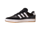 The JI 0846 Black White Gum Tyshawn 2 II Adidas Skateboarding Leather Suede Shoes feature black and white colors, three white stripes, black laces, a white heel accent, and a tan gum sole, displayed on a white background.