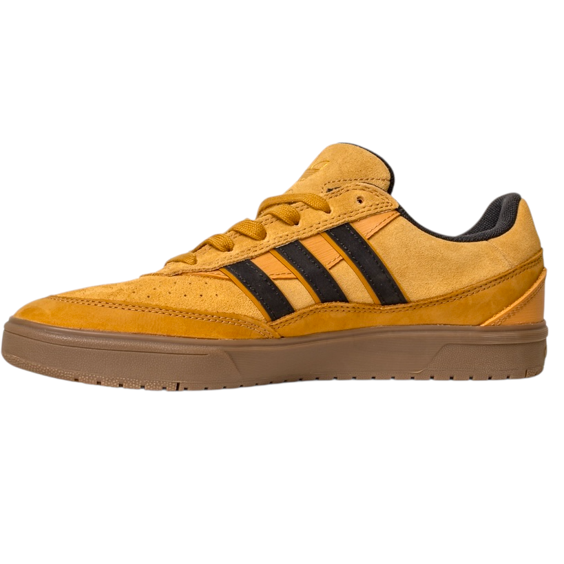 The JI0851 Mesa Black Gum Tyshawn 2 II adidas skateboarding shoe features mustard yellow leather and suede, black stripes, a brown cupsole, and black interior, shown from the side against a white background.